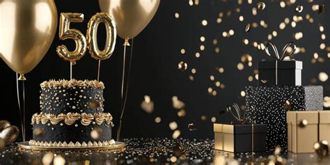 Bolo De 50 Anos Preto E Dourado - Bolo de aniversário de 50 anos com tema preto e dourado com balões e ...