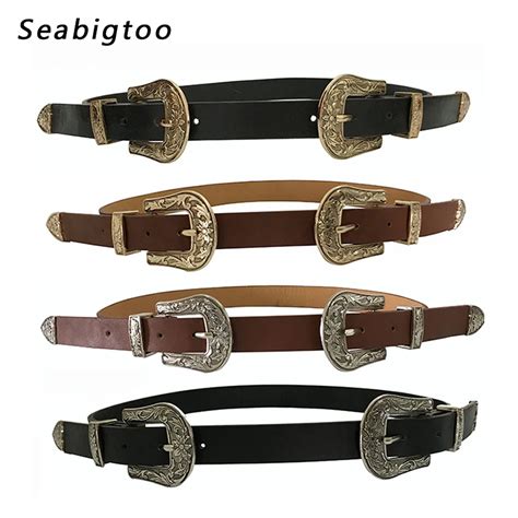 Double Metal Pin Buckle Woman Belts High Quality Punk Pu Leather Belt