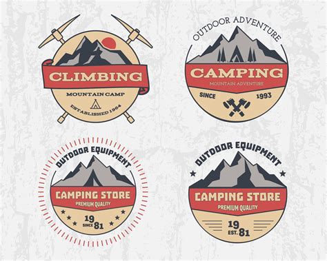 Set Of Retro Color Outdoor Camping Adventure And Mountain Climbing