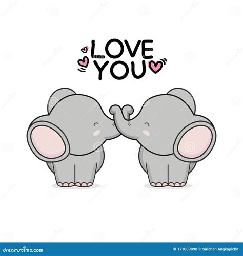 Valentines Day Greeting Card Cute Couple Elephant Hand Drawn Cartoon