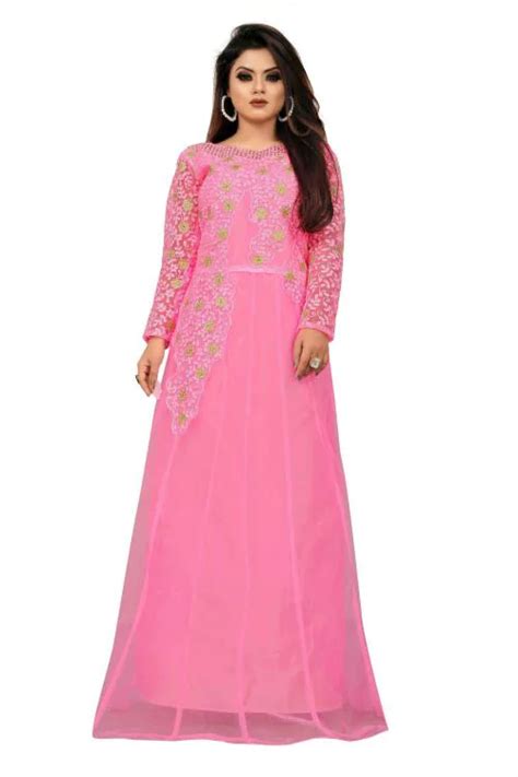 Buy Femvy Women Pink Embroidered Net Anarkali Gown Dress Free Size