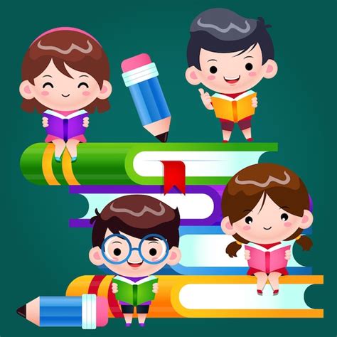 Niños De Escuela Lindos Dibujos Animados Leyendo Y Aprendiendo En Libros Grandes Vector Premium