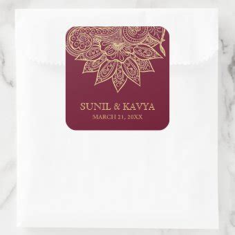 Gold Burgundy Mehendi Henna Indian Wedding Favor Square Sticker Zazzle