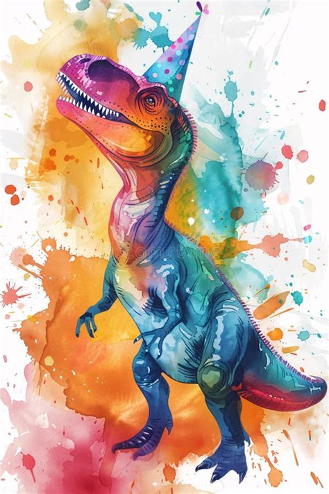 Watercolor Tyrannosaurus Rex Dinosaur With Birthday Party Hat On White