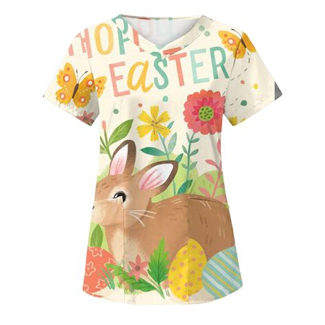 Zqgjb Happy Easter Scrub Tops Women Bunny Egg Hunt Print Medical Scrub