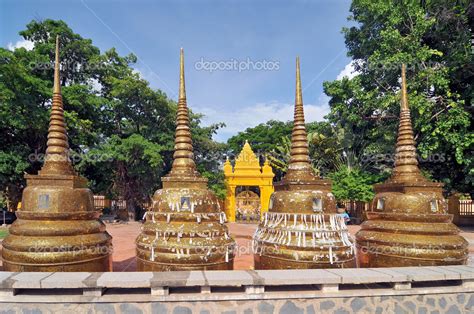 Cambodia Phnom Penh Golden Stupas Of A Wat In The Sunlight Phnom