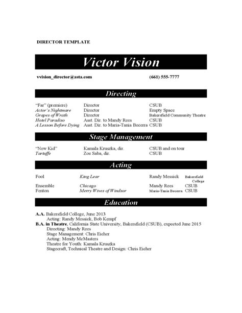 Acting Resume Example Free Download