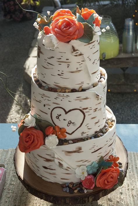 Rustic Birch Wedding Cake Etsy In 2020 Birch Wedding Cakes Orange