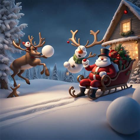 Frosty The Snowman Throwing Snowball At Santa As He Leaves On Sleigh With Reindeer On Christmas