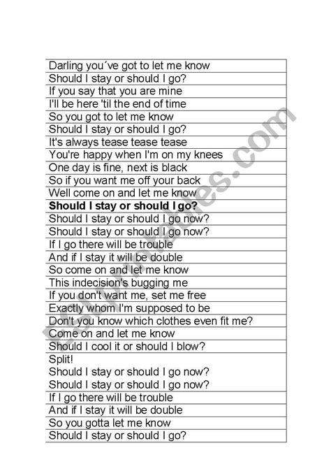 Lyrics: Should I stay or should I go? - ESL worksheet by namagnoni