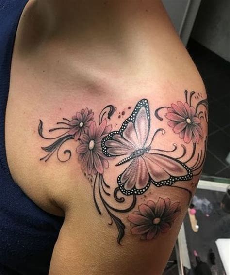 So Pretty Butterfly And Flower Tattoos On Shoulder For Women