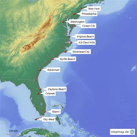 StepMap USA Ostküste Landkarte für Nordamerika