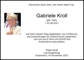 Traueranzeigen Von Gabriele Kroll Vrm Trauer De