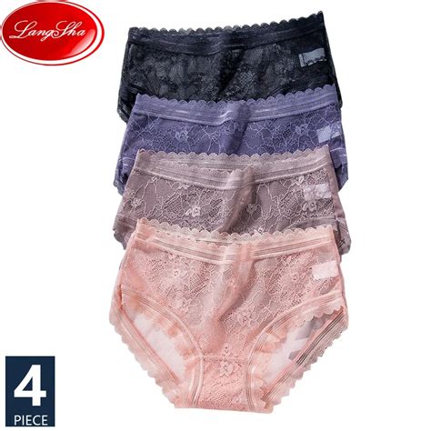 Langsha 4pcsset Sexy Lace Panties Women Seamless Girls Underwear Low