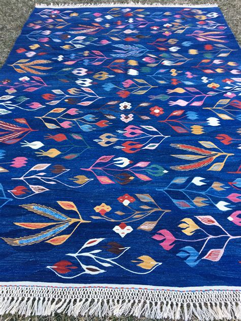 Oriental Blue Kilim Rug Flower Blue Kilim Rug Turkish Rug Etsy