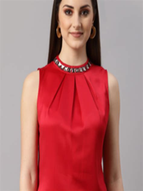 Buy Neudis Women Satin Red Embillished Solid A Line Top Tops For