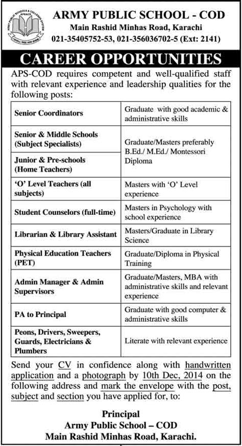 Army Public School Cod Karachi Job Opportunities