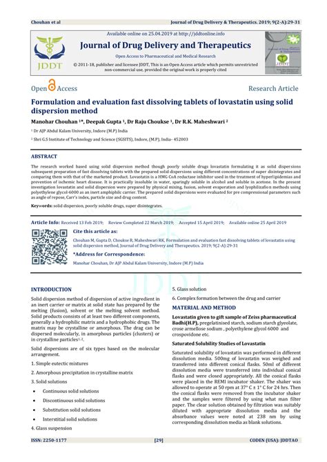 Pdf Formulation And Evaluation Fast Dissolving Tablets Of Lovastatin