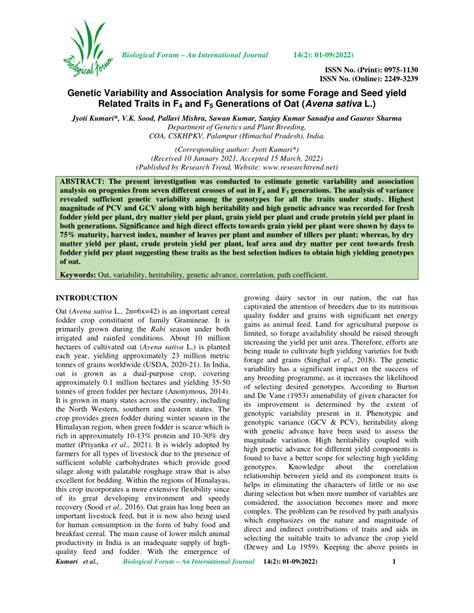 PDF Genetic Variability And Association Analysis For Some Forage And