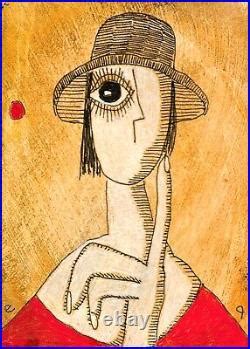 Aceo E Art Woman Hat Naive Outsider Folk Art Brut Primitive Figurative