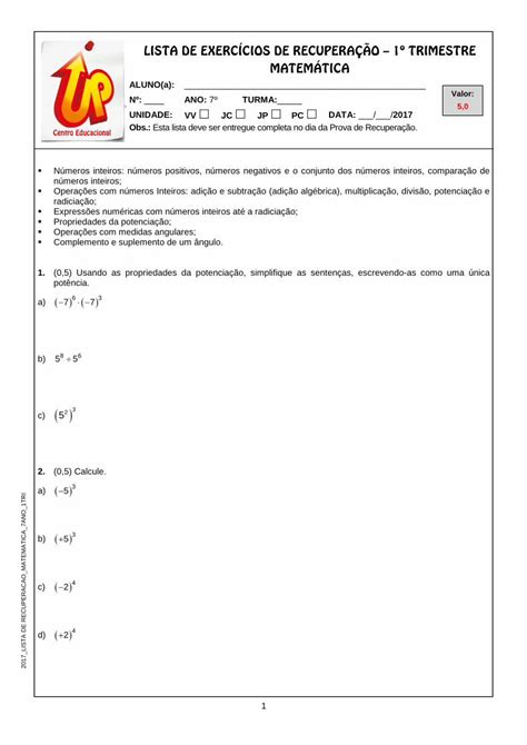 PDF LISTA DE EXERCÍCIOS DE RECUPERAÇÃO upvix br de 5 1