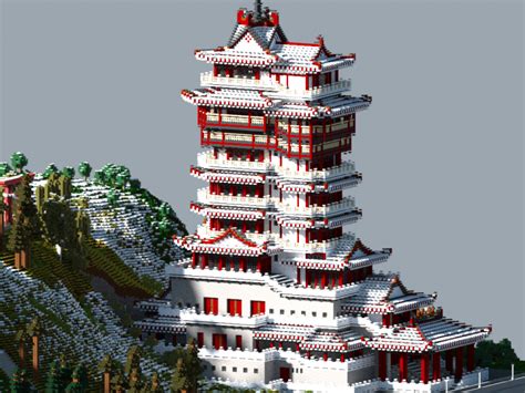 A Very Tall White And Red Building On Top Of A Hill With Lots Of Trees