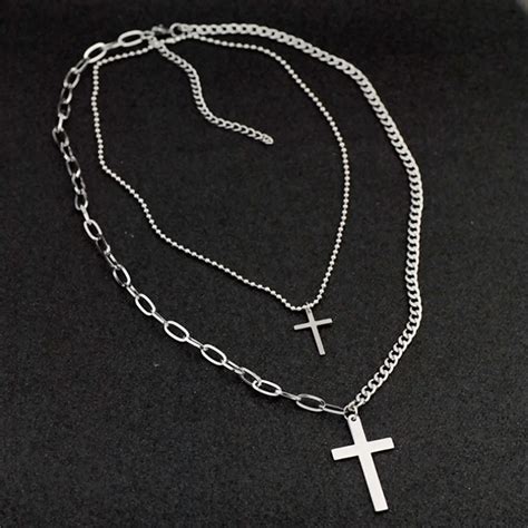 Collier Pendentif Croix Double Couche En Acier Inoxydable Bijoux Hip