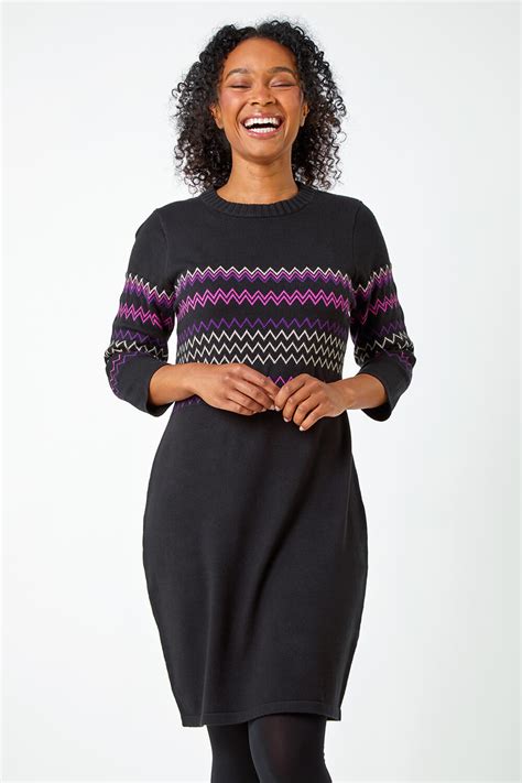 Purple Petite Zig Zag Knitted Stretch Dress Roman Uk