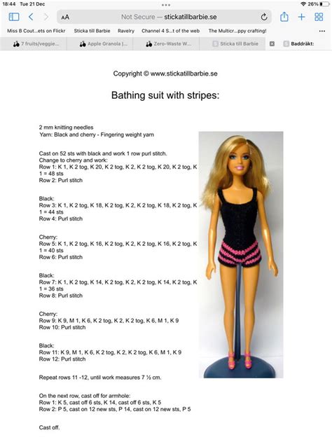 Black Bathing Suit With Pink Stripes In 2024 Sewing Barbie Clothes