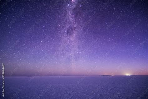 Salar De Uyuni Salt Flat During The Starry Night Bolivia Stock Photo