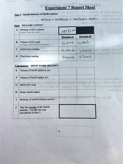 Experiment Z Report Sheet Standardization Of Naoh Solution Mli Include Units Molarity Of Hci