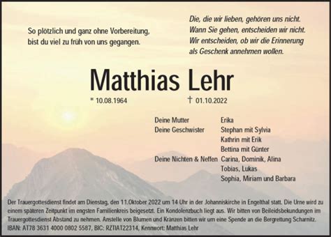 Traueranzeigen Von Matthias Lehr Trauer Nn De