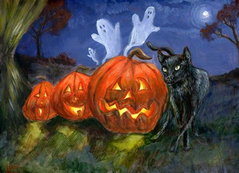 A Merry Halloween 9x12 Jack O Lantern Black Cat Print Etsy