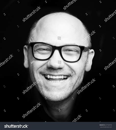 Close Up Black And White Photo Of Laughing Man In Glasses. - 227720770 : Shutterstock