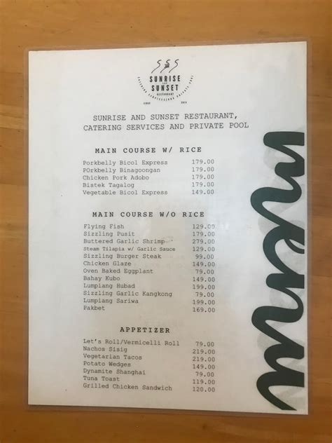 Menu at Sunrise and Sunset Restaurant, Calatagan