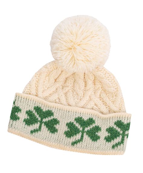 Saol Saol Womens Irish Shamrock Pom Pom Hat 100 Merino Wool Aran