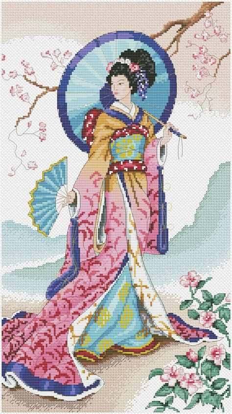 Japanese Geisha Cross Stitch Pattern Woman Umbrella Digital Etsy