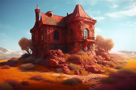 Una casa en el desierto con techo rojo y balcón Foto Premium