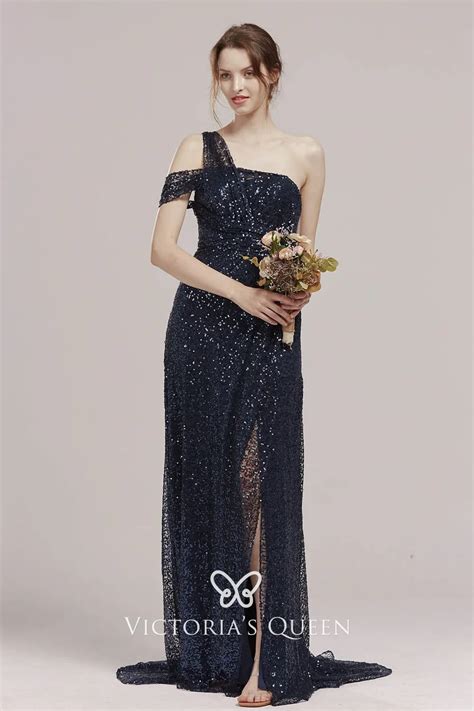 Navy Sequin One Shoulder Straps Short Train Bridesmaid Dress Vq