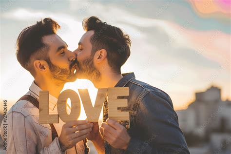 Gay Love Concept Image With Lovely Gay Men Couple Kissing While Holding A Love Written Word Sign