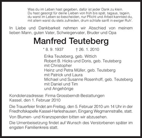 Traueranzeigen Von Manfred Teuteberg Trauer HNA De