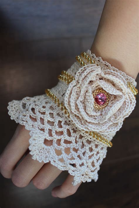 Hand Knit Wrist Cuff Bracelet Boho Fabric Bracelet Handmade Lace