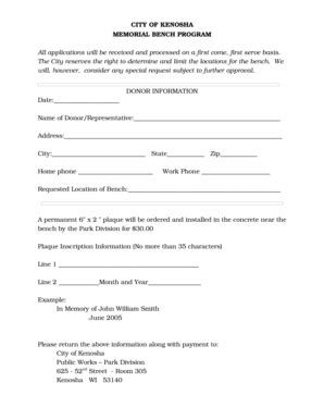 Fillable Online Memorial Bench Donation Form City Of Kenosha