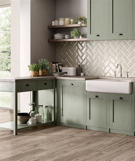 Farm House Chic Sage Green Kitchen With Wood Look Porcelain Floor And