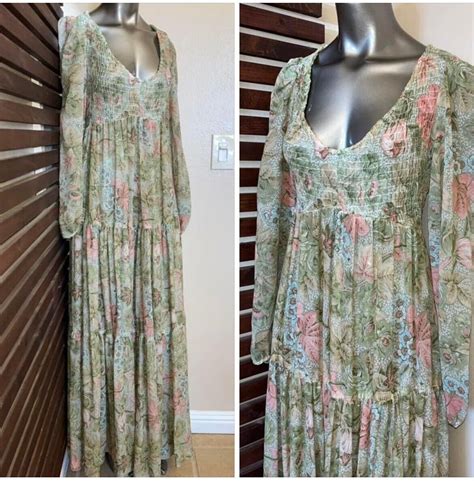 1970s 70s Vintage Sheer Floral Rose Empire Waist Long Gem