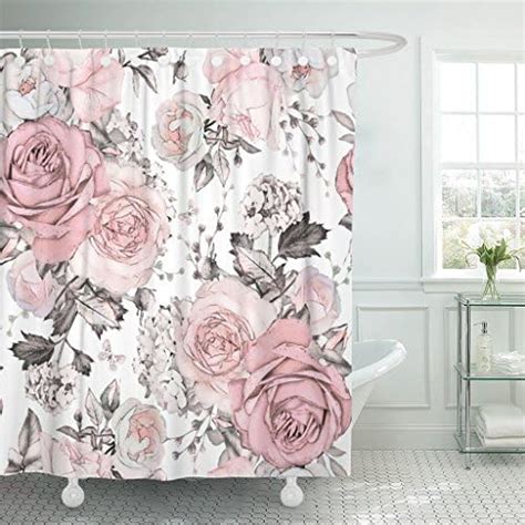 Amazon Tompop Shower Curtain Pink Grey Flowers And Grey Leaves On