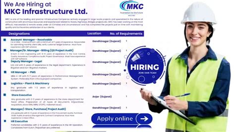 MKC Infrastructure Ltd Hiring Various Post For Gandhinagar Gujarat