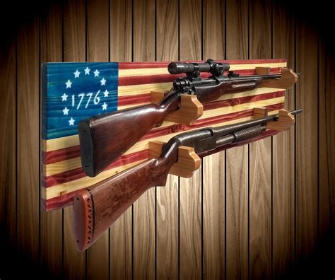 Rustic 1776 American Flag Gun Rack Wall Mount Knotty Pine Rifle