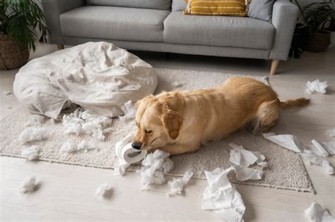 Süßer hund der mit toilettenpapier im hohen winkel spielt Kostenlose