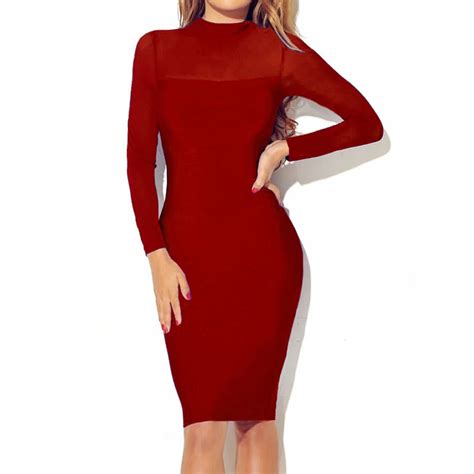 2018 Sexy Women See Through Dress Long Sleeve Turtleneck Mesh Patchwork